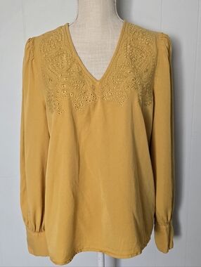 Joie Mustard Yellow V-Neck Eyelet Blouse